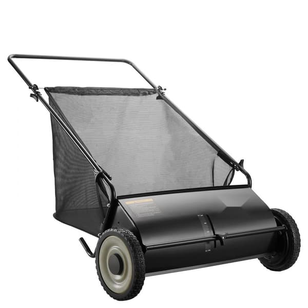 Push-plænefejer med 26" blad og græsopsamler, robuste gummihjul, slidstærkt stål, stor kapacitet 7 cu. ft., 4 spindebørster.