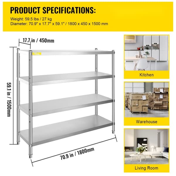 Opbevaringshylde i rustfrit stål, 4-lags design, 70,9 x 17,7 x 59,1 tommer. Max kapacitet: 1320 lbs. Justerbar højde for optimal pladsudnyttelse.