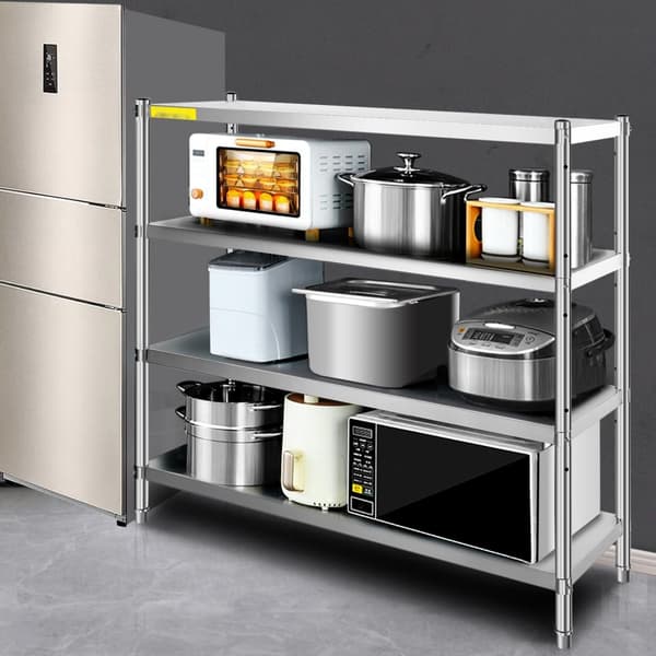 Opbevaringshylde i rustfrit stål, 4-lags design, 70,9 x 17,7 x 59,1 tommer. Max kapacitet: 1320 lbs. Justerbar højde for optimal pladsudnyttelse.