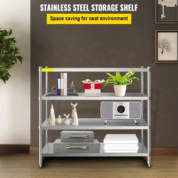 Opbevaringshylde i rustfrit stål, 4-lags design, 70,9 x 17,7 x 59,1 tommer. Max kapacitet: 1320 lbs. Justerbar højde for optimal pladsudnyttelse.