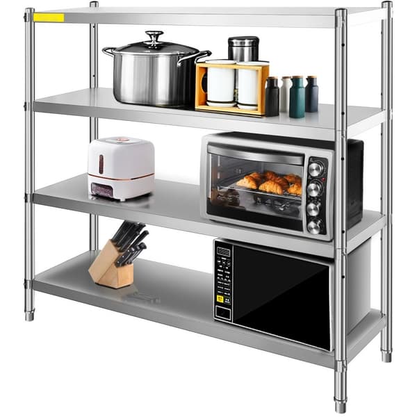 Opbevaringshylde i rustfrit stål, 4-lags design, 70,9 x 17,7 x 59,1 tommer. Max kapacitet: 1320 lbs. Justerbar højde for optimal pladsudnyttelse.