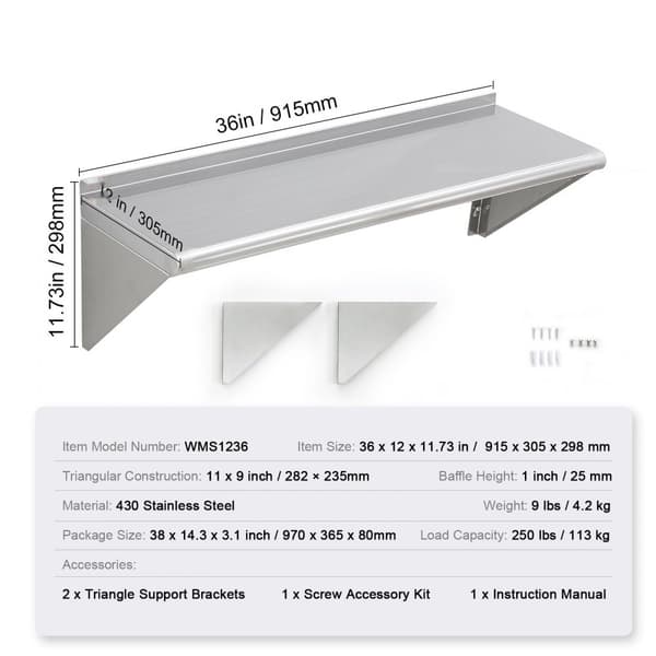 12" x 36" hylla i rostfritt stål, väggmonterade hyllor, 250 lbs kapacitet för restaurang, kök och hotell.