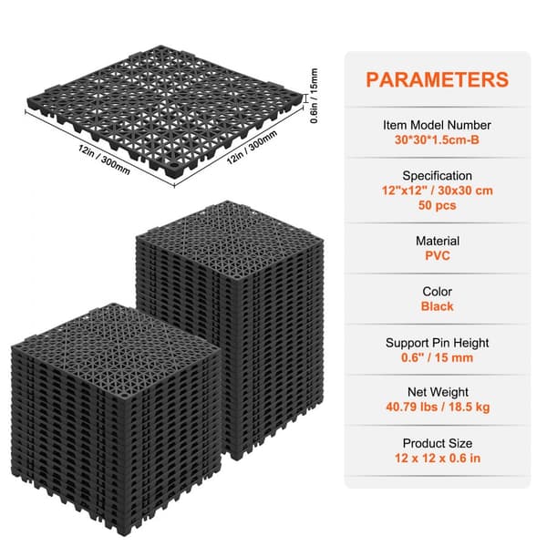 Modulaarinen lukitustyyny, 50 kpl 30x30 cm pehmeitä PVC-lattialaattoja, liukumaton tyhjennysreikä musta.