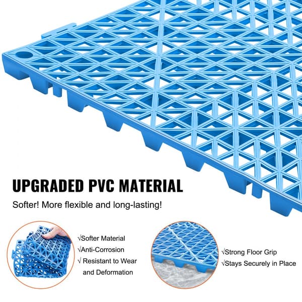 Modulopbyggede Puder, 55 stk. 30x30 cm dræningsmåtter. Bløde PVC fliser, skridsikre huller til badeværelse, køkken og pool. Blå farve.