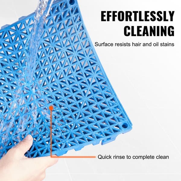 Modulopbyggede Puder, 55 stk. 30x30 cm dræningsmåtter. Bløde PVC fliser, skridsikre huller til badeværelse, køkken og pool. Blå farve.