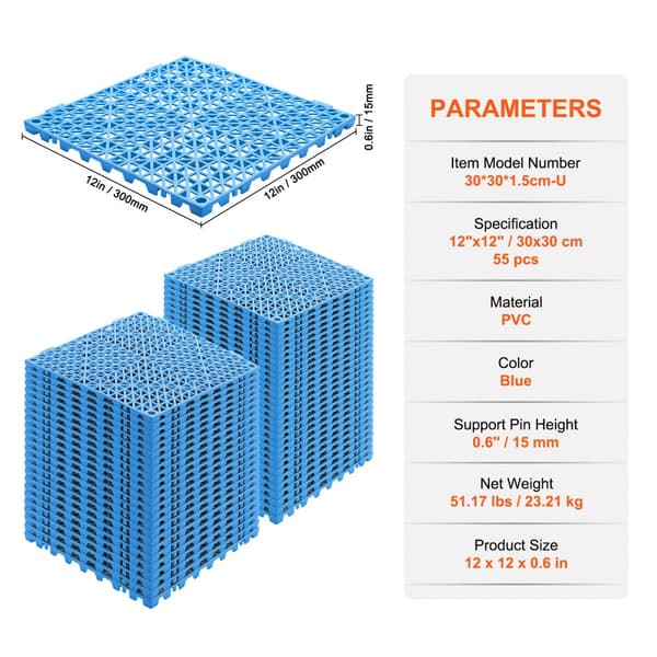 Modulopbyggede Puder, 55 stk. 30x30 cm dræningsmåtter. Bløde PVC fliser, skridsikre huller til badeværelse, køkken og pool. Blå farve.