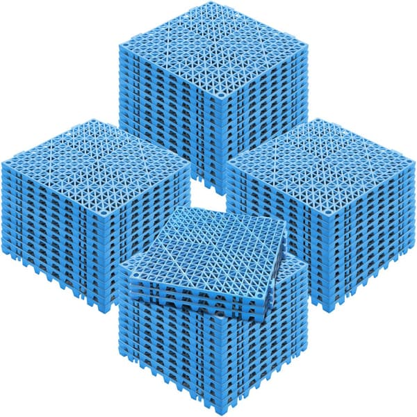 Modulopbyggede Puder, 55 stk. 30x30 cm dræningsmåtter. Bløde PVC fliser, skridsikre huller til badeværelse, køkken og pool. Blå farve.