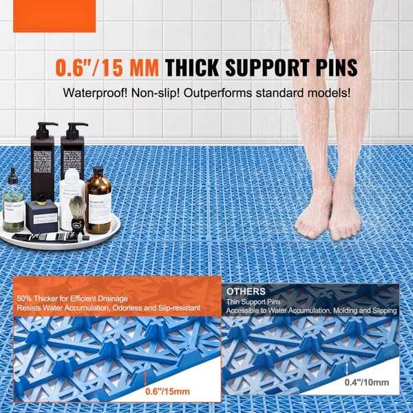 Modulopbyggede Puder, 55 stk. 30x30 cm dræningsmåtter. Bløde PVC fliser, skridsikre huller til badeværelse, køkken og pool. Blå farve.