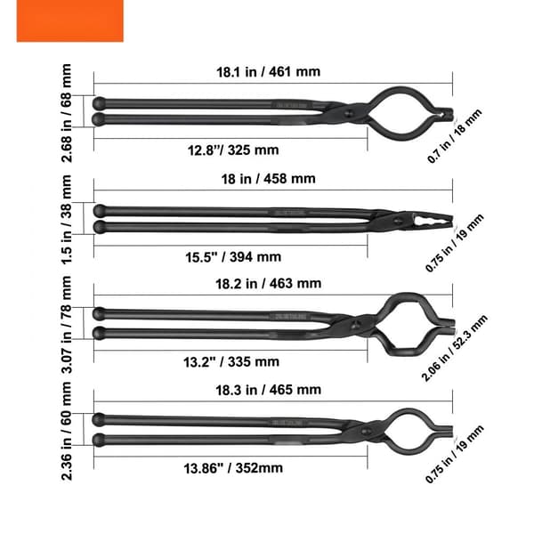 Smedtänger, 18” 4 PCS, V-Bit bulttänger, Wolf Jaw tänger, Z V-Bit tänger, kolstål med A3 stålnitar, för nybörjare och erfarna smeder.