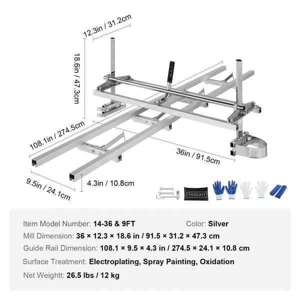 Motorsågs- och rälsverksstyrningssystem, bärbart sågverk 14"-36", 9 fot aluminium för träarbetare och snickare.