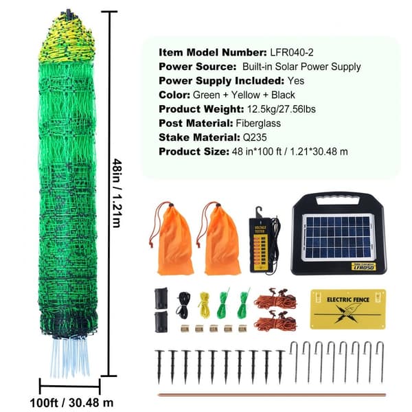 Elektriskt stängsel, 48" H x 100" L, PE-nät med solenergi, bärbart för höns, ankor, gårdar och kaniner.