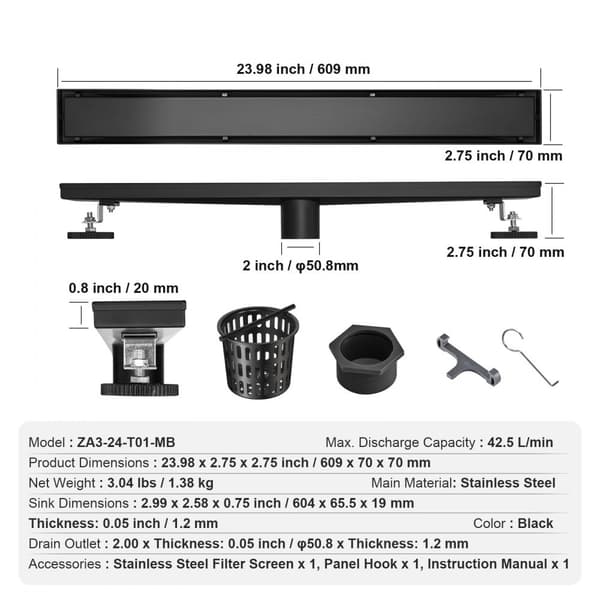 610 mm lineært bruseafløb med fliseindsats, børstet 304 rustfrit stål, rektangulært design, glat afløb med hårsi, sort finish.