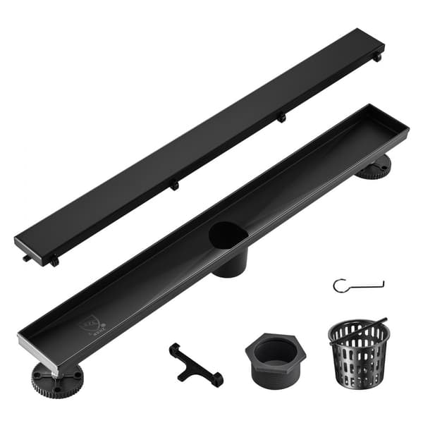 610 mm lineært bruseafløb med fliseindsats, børstet 304 rustfrit stål, rektangulært design, glat afløb med hårsi, sort finish.