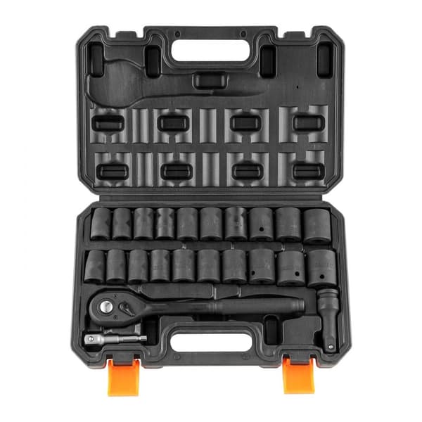 1/2" Iskukantasarja, 23 osaa SAE (7/16"-1") & Metri (13-24mm), Cr-V seosterästä, kestävä kotelo, räikkäkahva.