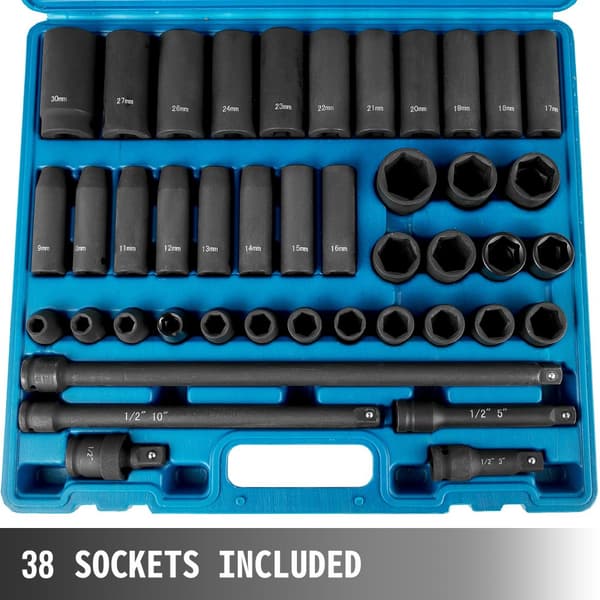 Stiknøglesæt 1/2" – 43 dele, standard udvalg, 6-punkt metriske stik, 9-30 mm (standard/dyb).