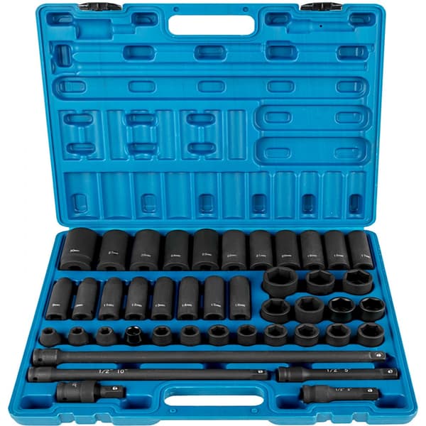 Stiknøglesæt 1/2" – 43 dele, standard udvalg, 6-punkt metriske stik, 9-30 mm (standard/dyb).
