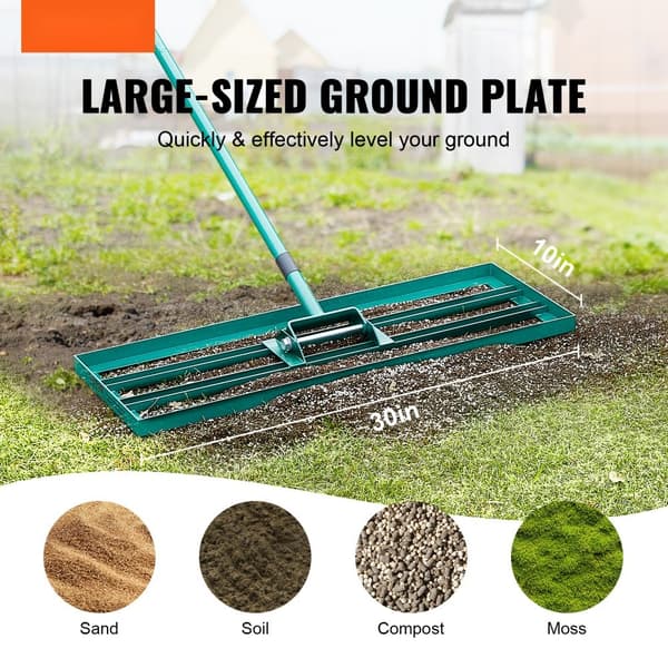 Nivelleringsrive, 30"x10" græsplæneværktøj, robust 78" stål håndtag, ideel til havearbejde og golfplæner.