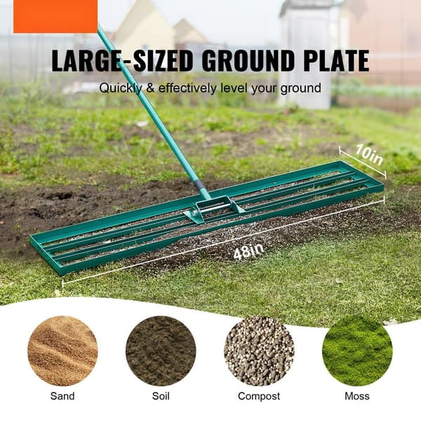 Nivelleringsrive 48"x10" til græsplæner. Stærk plæneplan med 78" stål håndtag. Ideel til haven, golfplæner og gårde.