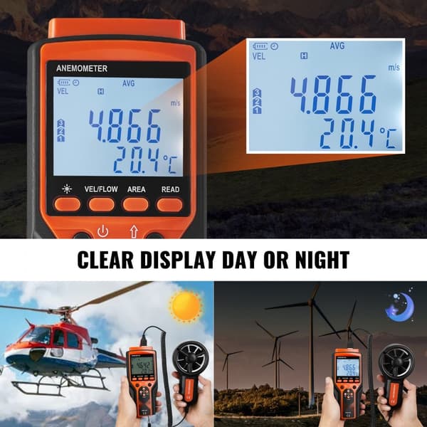 Kaksoiskäyttöinen käsianemometri, 14℉-140℉, digitaalisella LED-näytöllä, mittaa tuulennopeuden ja lämpötilan.