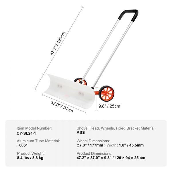 Sneskovl med hjul, 37" til indkørsel. ABS-materiale, robust med bredt blad og U-formet aluminiums håndtag til effektiv snerydning.