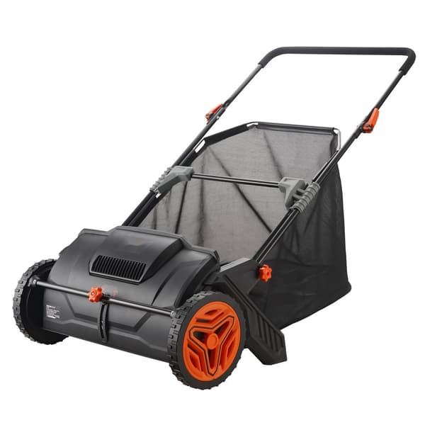 Push-plænefejer med 21-tommer kniv, stærke gummihjul og robust stål. 3,5 cu. ft. opsamlerpose og 2 spidser for effektiv græssampler.
