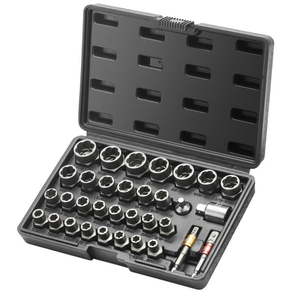 Boltudsugningssæt, 29 dele: Fjern rustne bolte og møtrikker (6 mm-10 mm, 13/32"-3/4"). Inkl. CR-MO stål og opbevaringsboks.