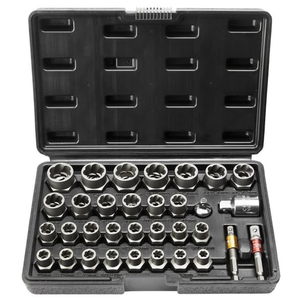 Boltudsugningssæt, 29 dele: Fjern rustne bolte og møtrikker (6 mm-10 mm, 13/32"-3/4"). Inkl. CR-MO stål og opbevaringsboks.
