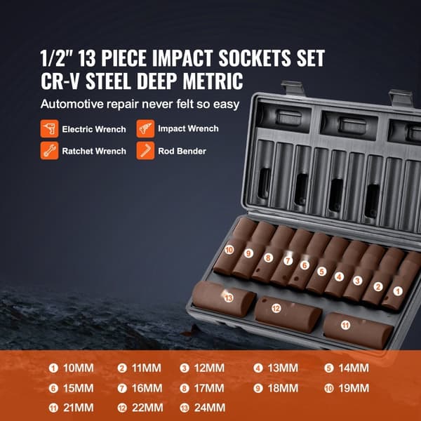 1/2" Drive Impact Socket Set, 13-delat djupsockelset Metrisk 10-24mm, 6-punkts CR-V stål, för bilreparation, robust, med väska