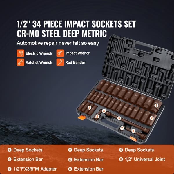 1/2" drive dybe impact socketsæt, 34 dele metriske størrelser (8-36 mm), 6-punkts Cr-Mo stål, til bilreparation, robust opbevaringskasse.