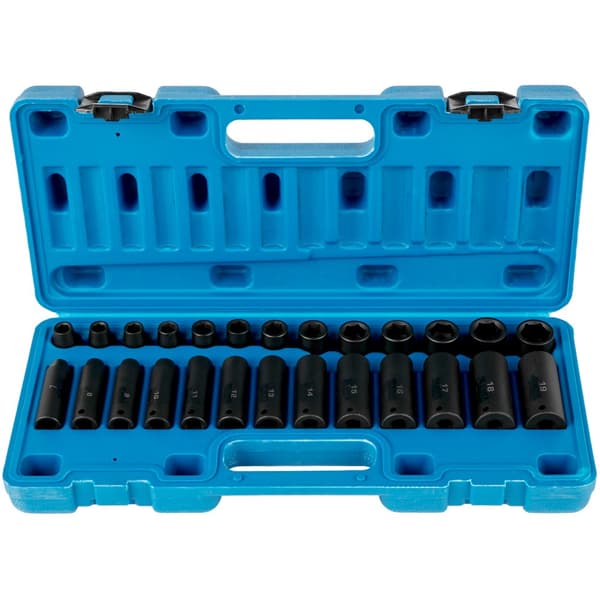 Stødstiksæt 3/8" med 26 stykker, dybe og standard fatninger, 6-punkts design, robust Cr-V konstruktion, 9-30 mm. Leveres med opbevaringskasse.