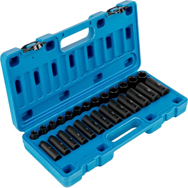 Stødstiksæt 3/8" med 26 stykker, dybe og standard fatninger, 6-punkts design, robust Cr-V konstruktion, 9-30 mm. Leveres med opbevaringskasse.