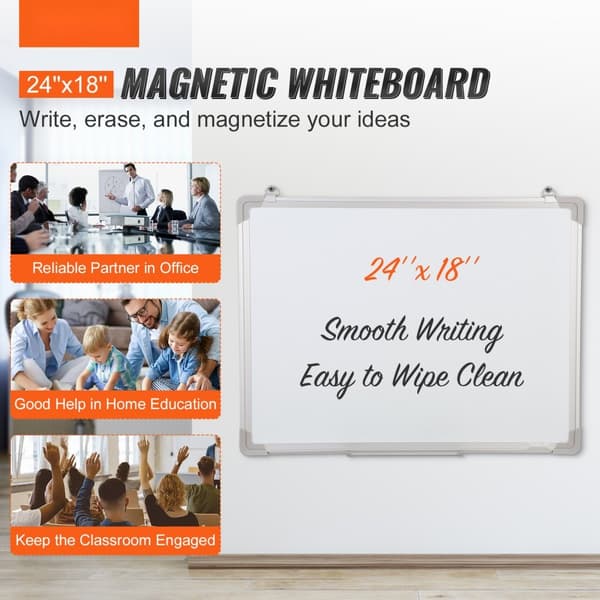 Magnetisk whiteboard, 24 x 18 tommer, tør-erase tavle med aluminiumsramme. Inkluderer 1 magnetisk visker, 2 tuscher og bærevogn til kontor og skole.