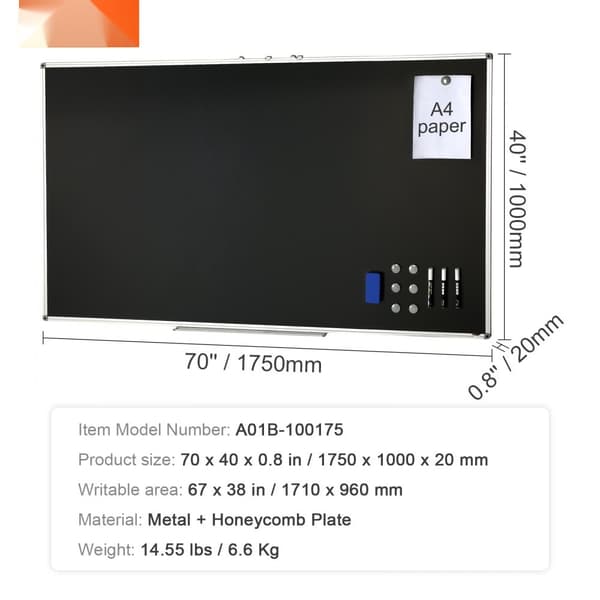 Svart tavla, 70 x 40 tum, aluminiumram, inkl. 1 magnetisk raderare och 3 torrraderingsmarkörer, perfekt för kontor och skola.