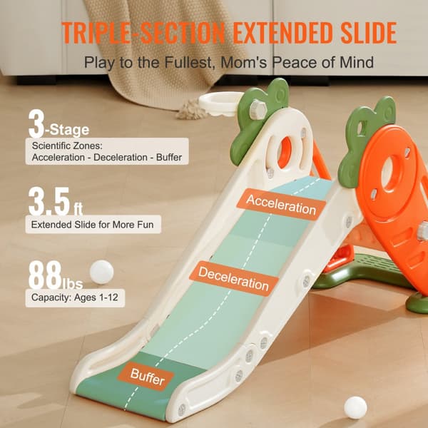 Småbørnsrutsjebane til 1-12 år, inkl. klatrestige og basketballbøjle. Indendørs/udendørs legetøj, anti-slip design og egnet til børn under 40 kg.