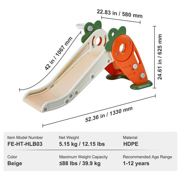 Småbørnsrutsjebane til 1-12 år, inkl. klatrestige og basketballbøjle. Indendørs/udendørs legetøj, anti-slip design og egnet til børn under 40 kg.