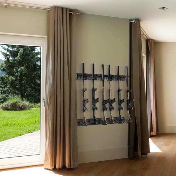Våbenstativ, vægmonteret indendørs med 6 pladser, solid metal konstruktion til pistoler og haglgeværer, blød polstring.