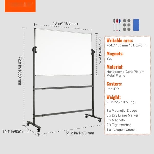 Rullende tavle, 48x32 tommer dobbeltsidet magnetisk, justerbar højde og 360° rotation. Perfekt til kontor og skole med hjul og bakke.