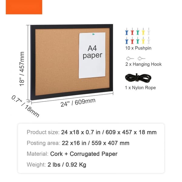 Kaksipuolinen korkkitaulu 24x18", MDF-kehyksellä, 10 nastaa. Erinomainen sisustusratkaisu kotiin ja kouluun!