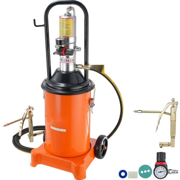 Luftdrevet fedtpumpe, 3 gallon (12L) med 13 fod højtryksslange og smørepistol. Transportabel med hjul, trykforhold 50:1.