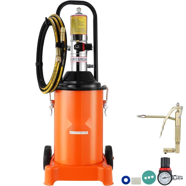 Luftdrevet fedtpumpe, 3 gallon (12L) med 13 fod højtryksslange og smørepistol. Transportabel med hjul, trykforhold 50:1.