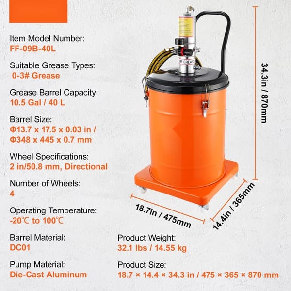 Fedtpu mp 10,5 gallon (40L) luftdrevet med 13 fod højtryksslange, smørepumpe på hjul, transportabel med 50:1 trykforhold.