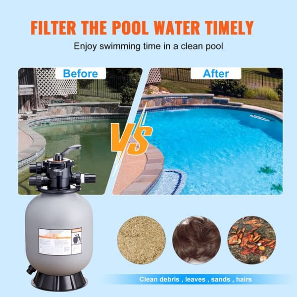 Sandfilter på 16 tommer til inground pool. Op til 35 GPM flow. Inkl. 7-vejs ventil, tilbageskylning, skylning og vinterlukning.