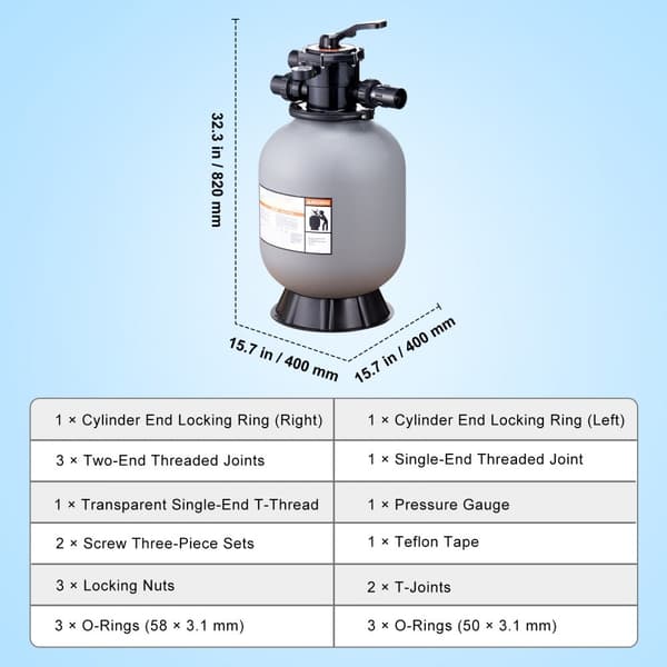 Sandfilter på 16 tommer til inground pool. Op til 35 GPM flow. Inkl. 7-vejs ventil, tilbageskylning, skylning og vinterlukning.
