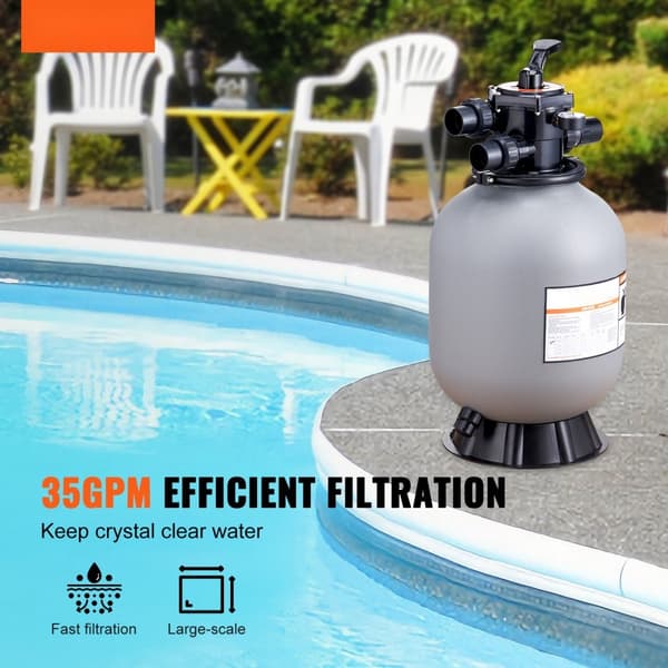 Sandfilter på 16 tommer til inground pool. Op til 35 GPM flow. Inkl. 7-vejs ventil, tilbageskylning, skylning og vinterlukning.