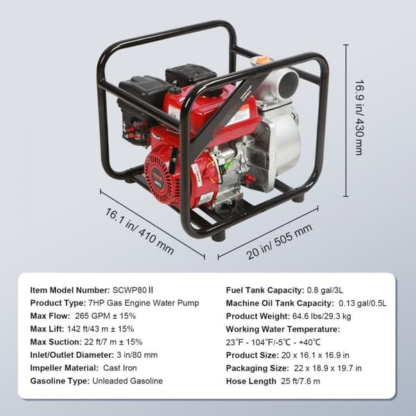 Bensiinimoottorin 3" vesipumppu, 7HP, 265 GPM, 142' nosto, 22' imu, kaasukäyttöinen jäteveden siirtopumppu.