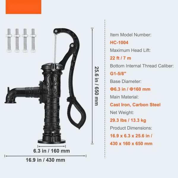 Antik handpump 14,6 x 5,9 x 25,6 tum, gjutjärn, enkel installation med 0,5" hål. Perfekt för trädgårdsdammar. Svart.