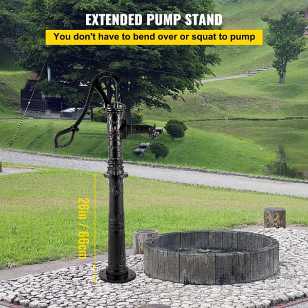 Handvattenpump med stativ, 15,7 x 9,4 x 53,1 tum, 26 tum stativ för enkel installation, rustik gjutjärnsbrunnspump för trädgård.