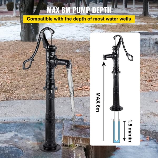 Handvattenpump med stativ, 15,7 x 9,4 x 53,1 tum, 26 tum stativ för enkel installation, rustik gjutjärnsbrunnspump för trädgård.