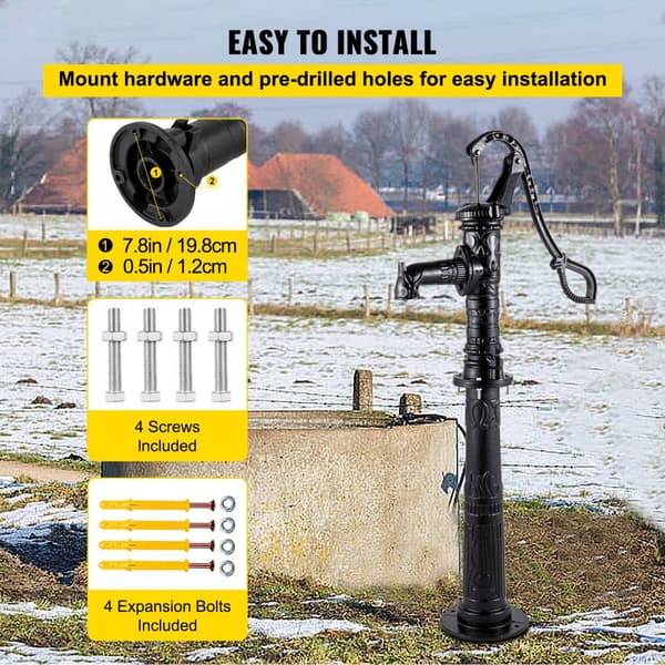 Handvattenpump med stativ, 15,7 x 9,4 x 53,1 tum, 26 tum stativ för enkel installation, rustik gjutjärnsbrunnspump för trädgård.