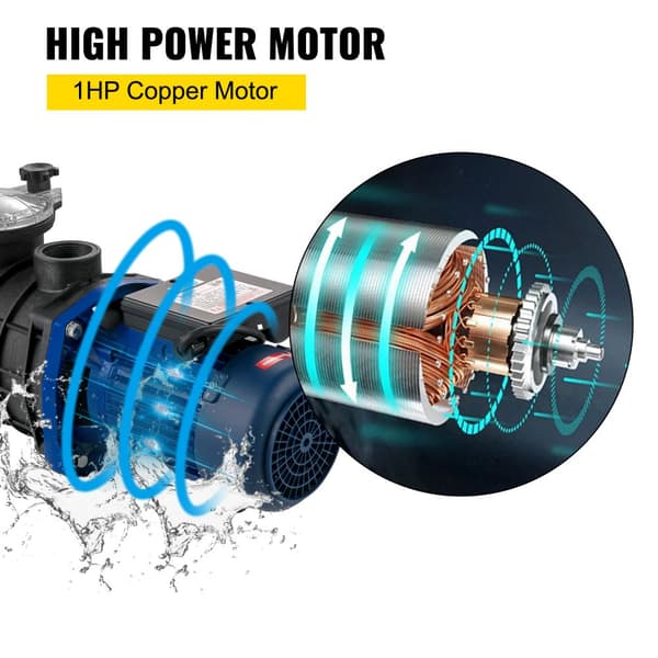 1 HK Poolpump, 18000 L/h 750W In-/Utomhuspoolpump med sil, renar poolvatten, 1,97" inlopp/utlopp, inkl. slangar